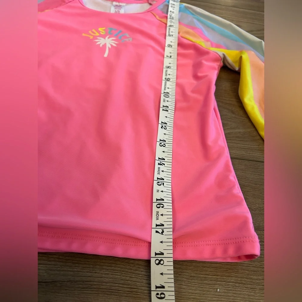 Justice Girls L 12/14 Neon Pink Rainbow Sleeve Swimtek Top
